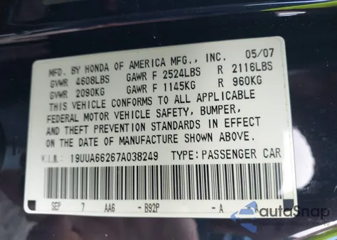 2007 Acura Tl 3.2 from USA, damaged, VIN 19UUA66267A038249